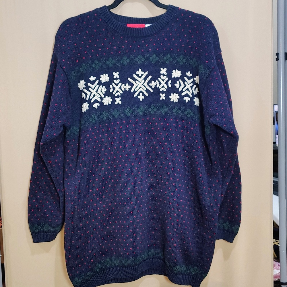 VTG Liz Claiborne Sweater Women M Blue Nordic Snowflake Oversized Winter Holiday